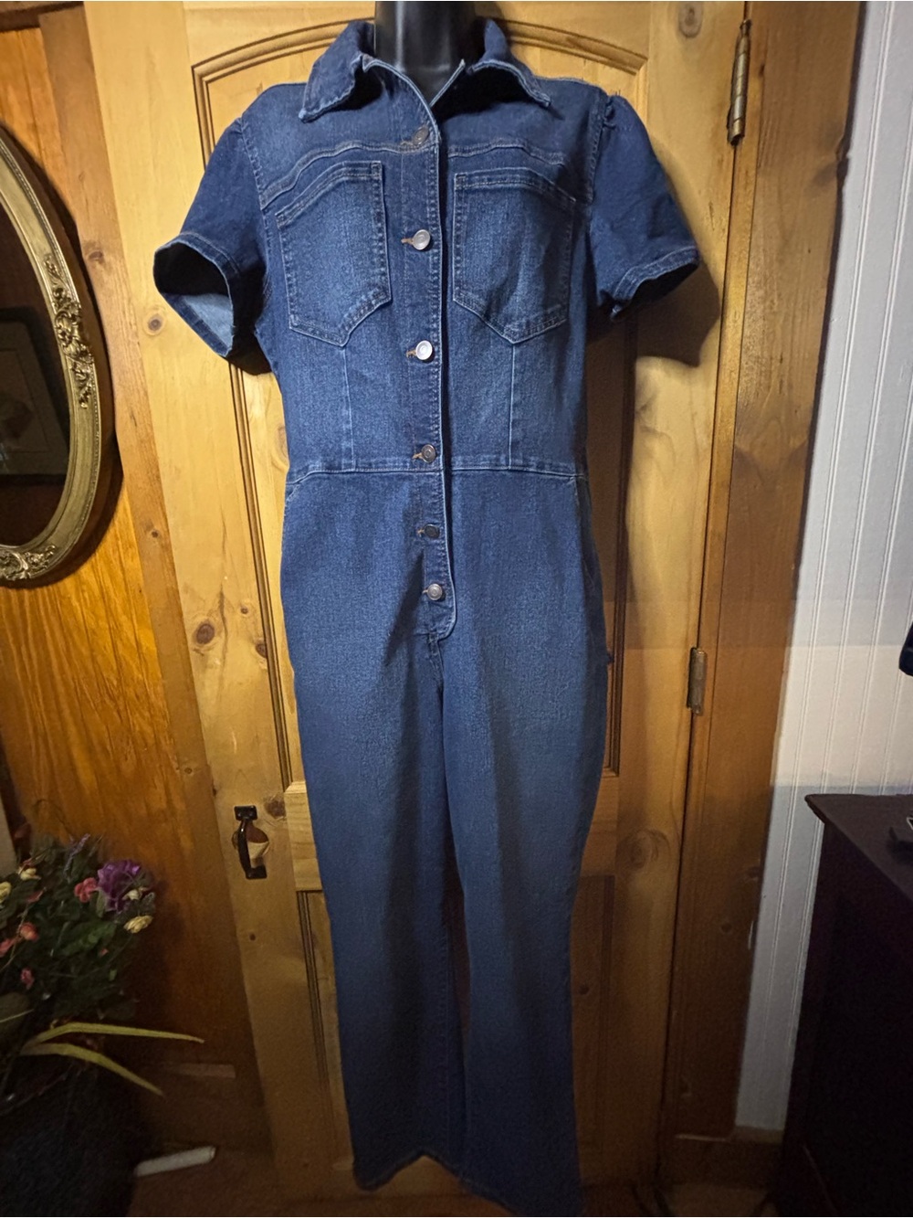 Celebrity Pink Dark Blue Denim Short-Sleeve Jumpsuit